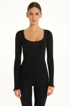Long-Sleeved Top In 100% Ribbed Cotton And Satin - Long-Sleeved Tops - Women | Tezenis