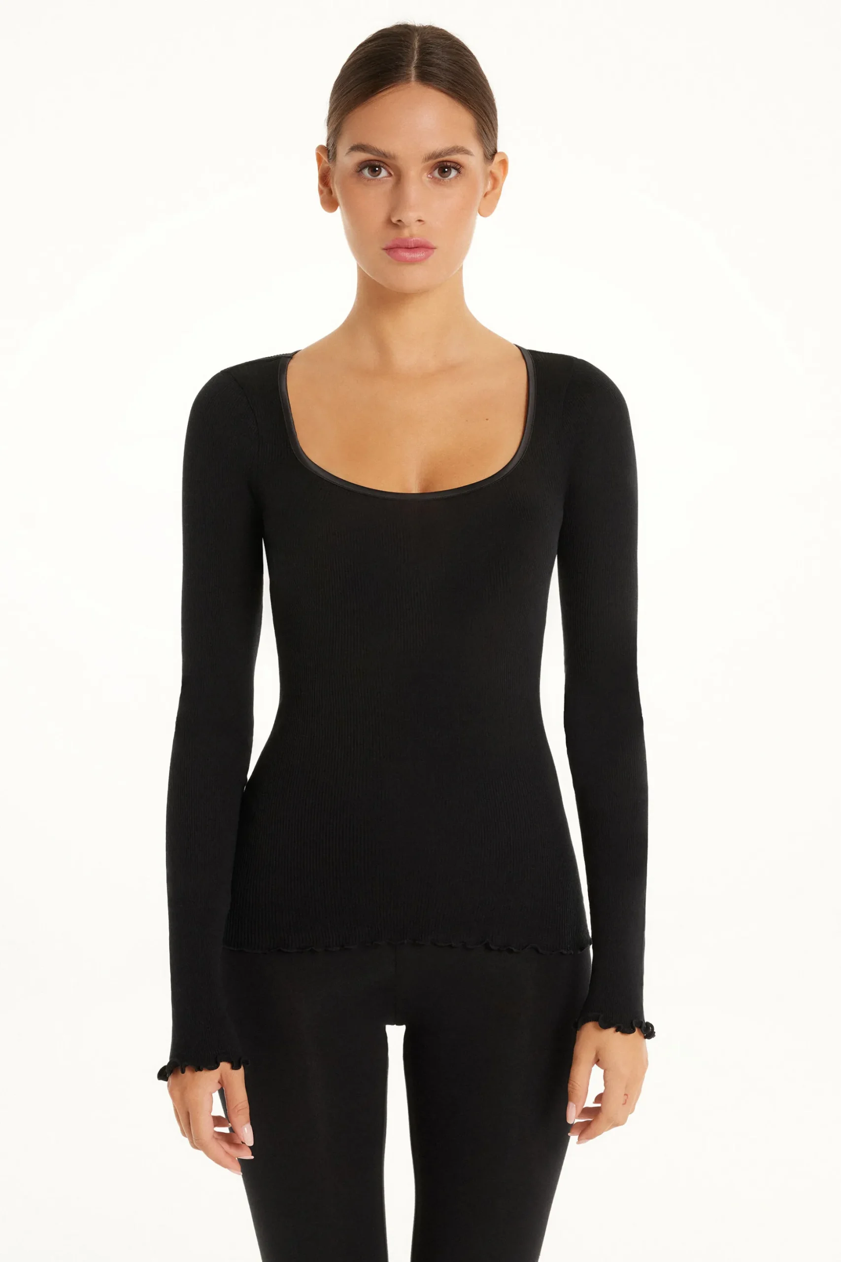 Long-Sleeved Top In 100% Ribbed Cotton And Satin - Long-Sleeved Tops - Women | Tezenis