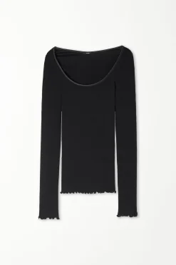 Long-Sleeved Top In 100% Ribbed Cotton And Satin - Long-Sleeved Tops - Women | Tezenis