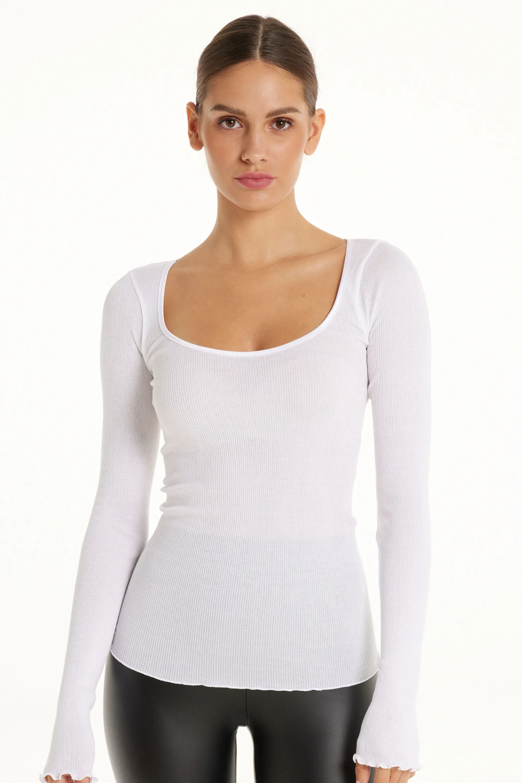 Long-Sleeved Top In 100% Ribbed Cotton And Satin - Long-Sleeved Tops - Women | Tezenis