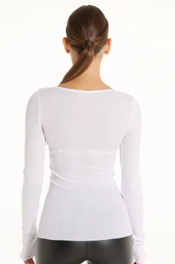Long-Sleeved Top In 100% Ribbed Cotton And Satin - Long-Sleeved Tops - Women | Tezenis