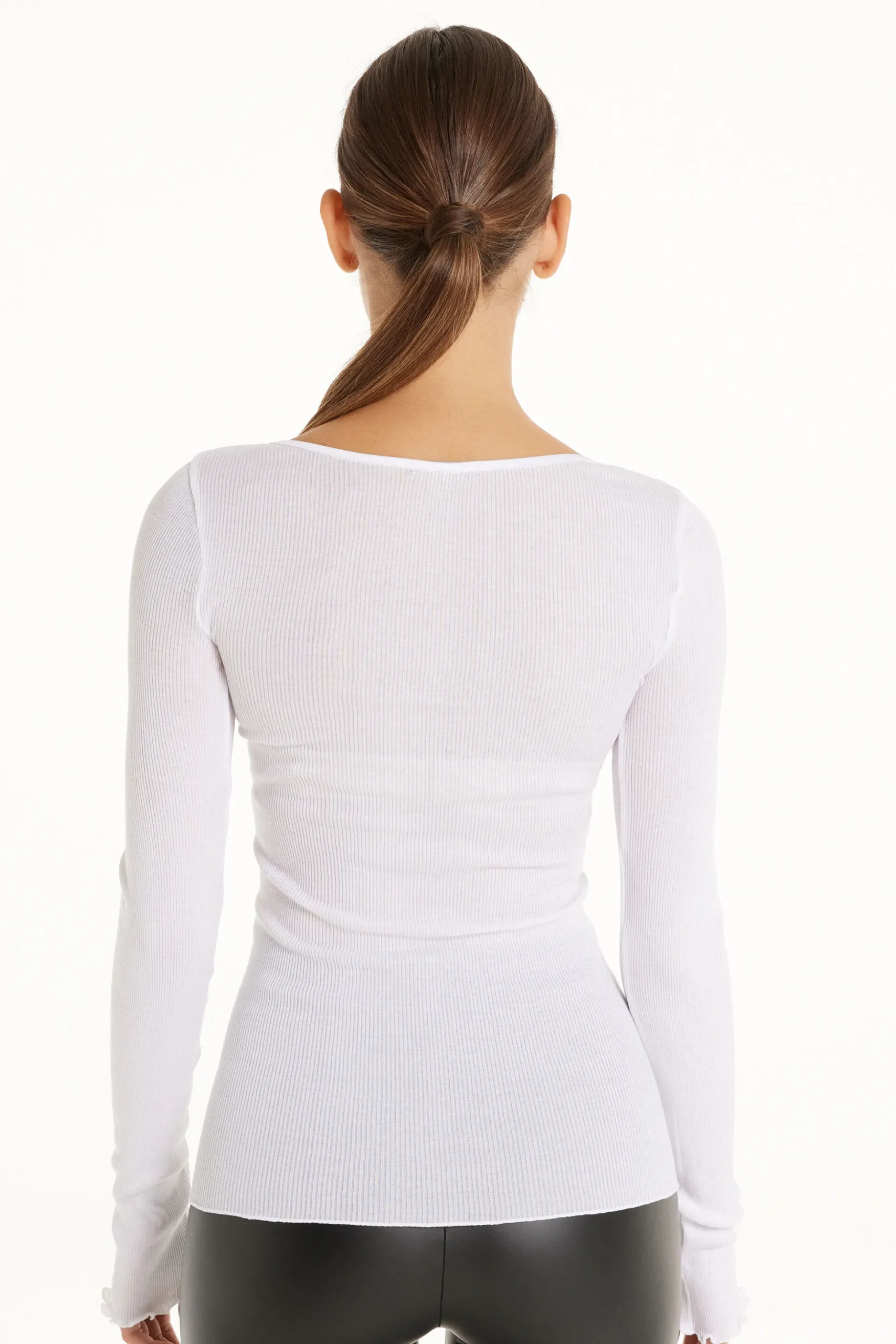 Long-Sleeved Top In 100% Ribbed Cotton And Satin - Long-Sleeved Tops - Women | Tezenis