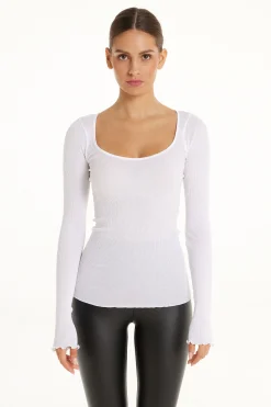 Long-Sleeved Top In 100% Ribbed Cotton And Satin - Long-Sleeved Tops - Women | Tezenis
