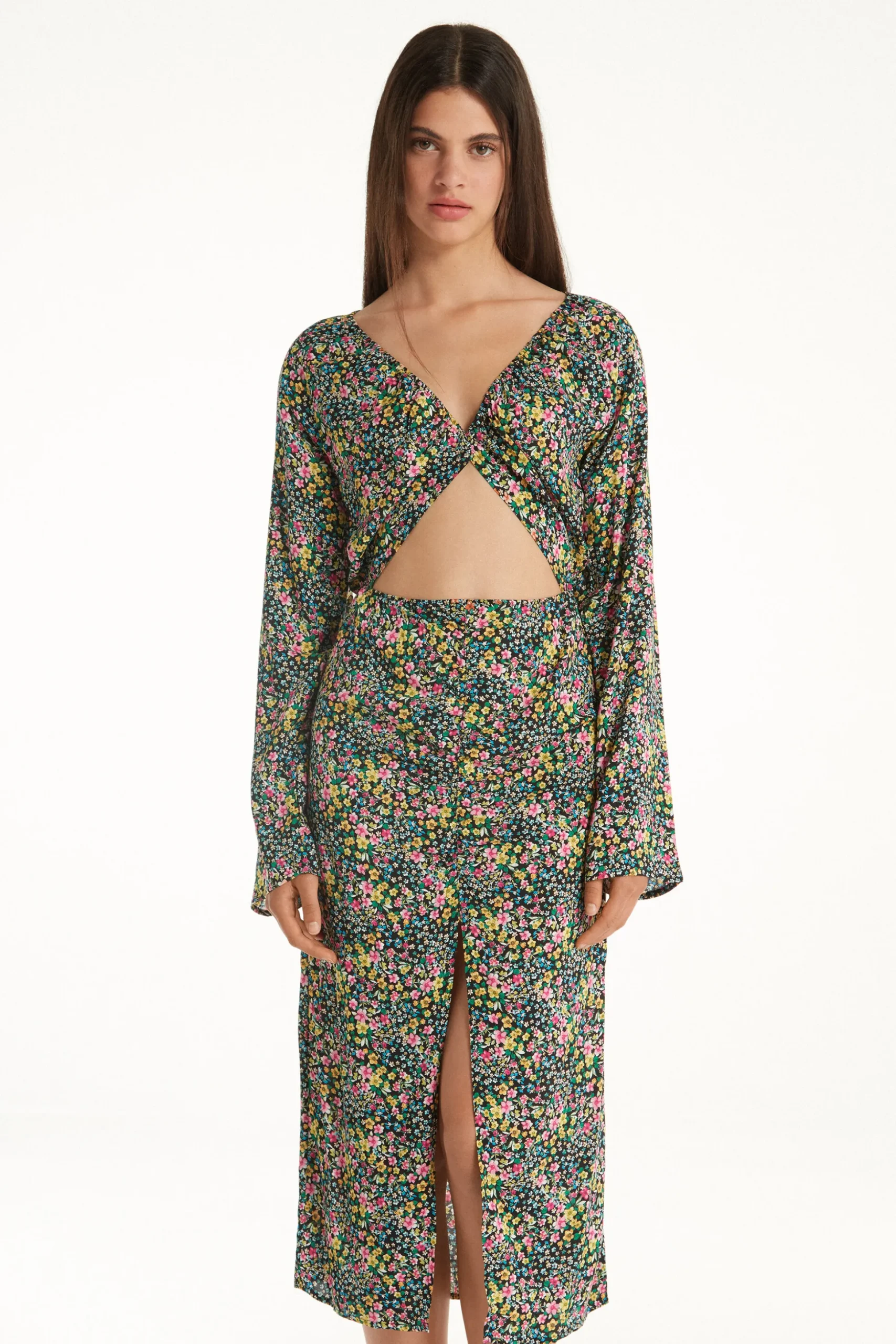 Long-Sleeved Viscose Fabric Midi Dress - Dresses And Jumpsuits - Women | Tezenis