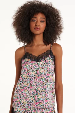 Printed Satin And Lace Spaghetti Strap Tank Top - Pajama Sets - Women | Tezenis
