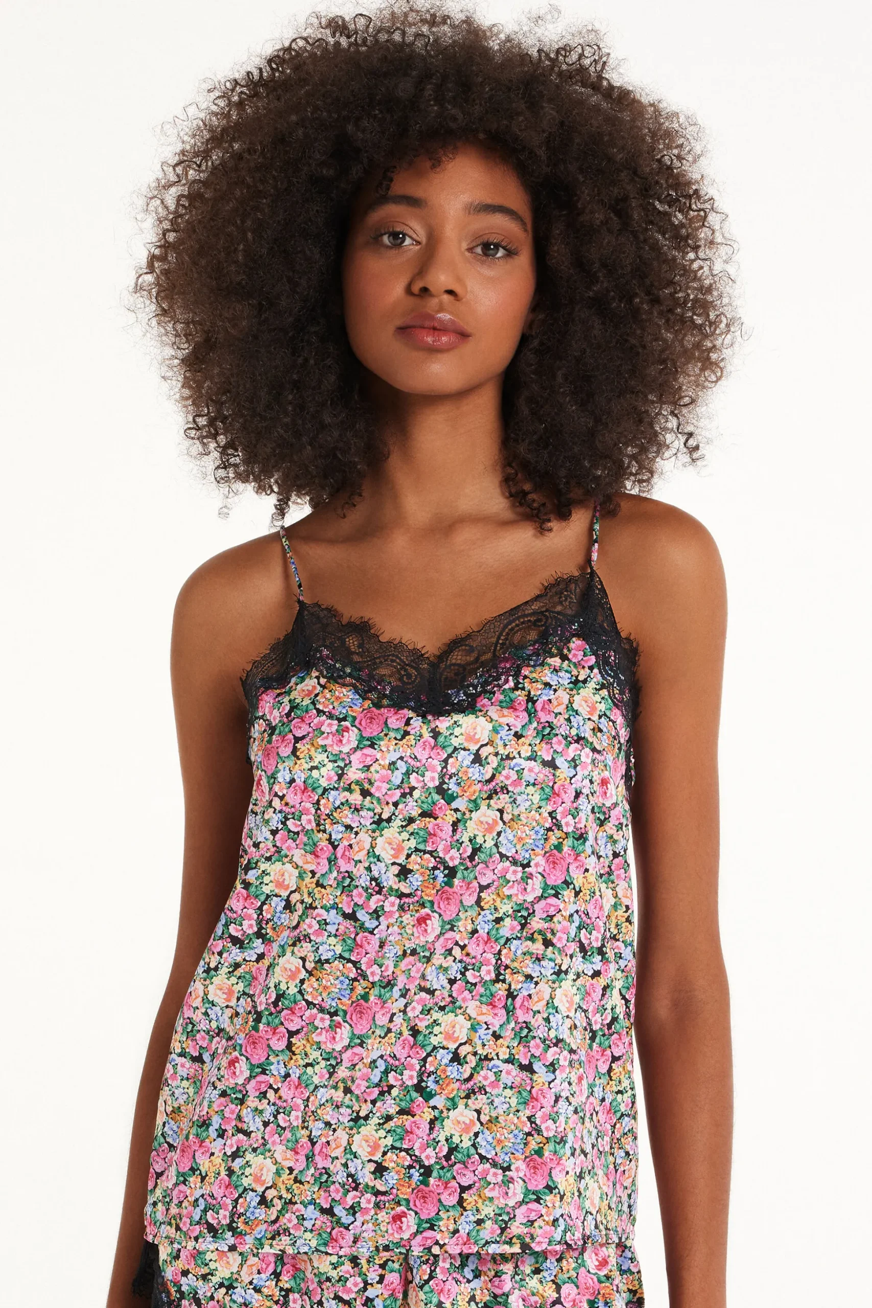 Printed Satin And Lace Spaghetti Strap Tank Top - Pajama Sets - Women | Tezenis