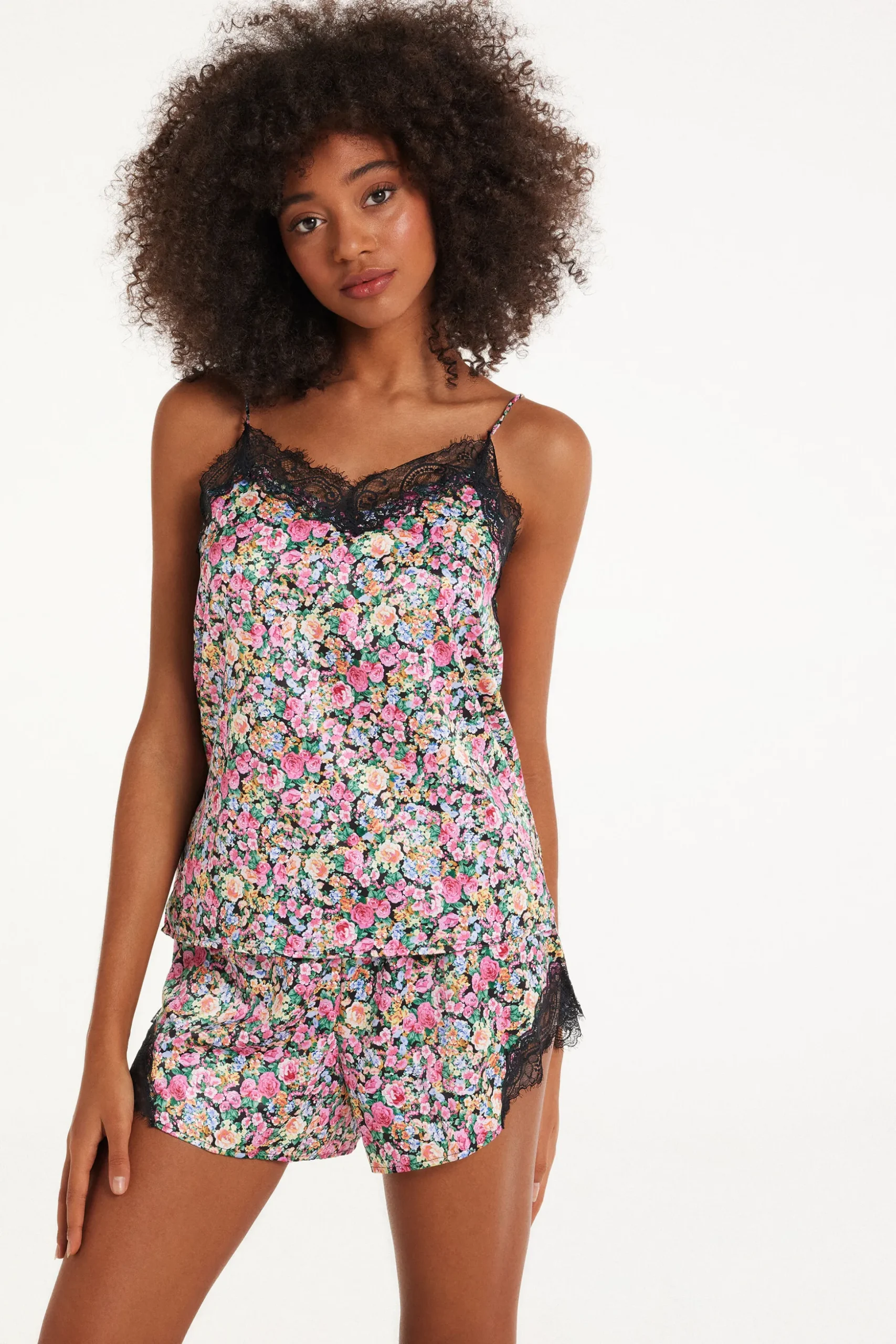 Printed Satin And Lace Spaghetti Strap Tank Top - Pajama Sets - Women | Tezenis