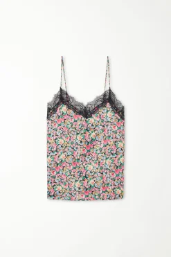 Printed Satin And Lace Spaghetti Strap Tank Top - Pajama Sets - Women | Tezenis