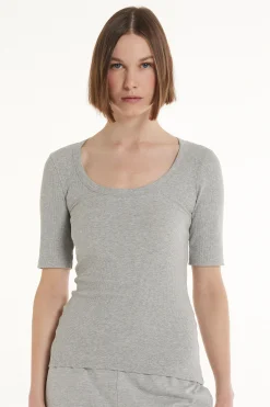 Ribbed Cotton Scoop Neck T-Shirt - Short-Sleeved Tops - Women | Tezenis