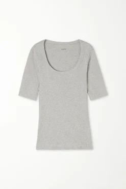 Ribbed Cotton Scoop Neck T-Shirt - Short-Sleeved Tops - Women | Tezenis
