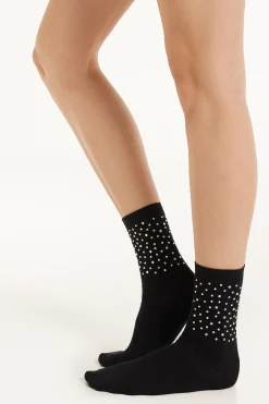 Ribbed Crew Socks With Rhinestone Appliqués - Socks - Women | Tezenis