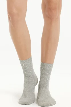 Ribbed Crew Socks With Rhinestone Appliqués - Socks - Women | Tezenis