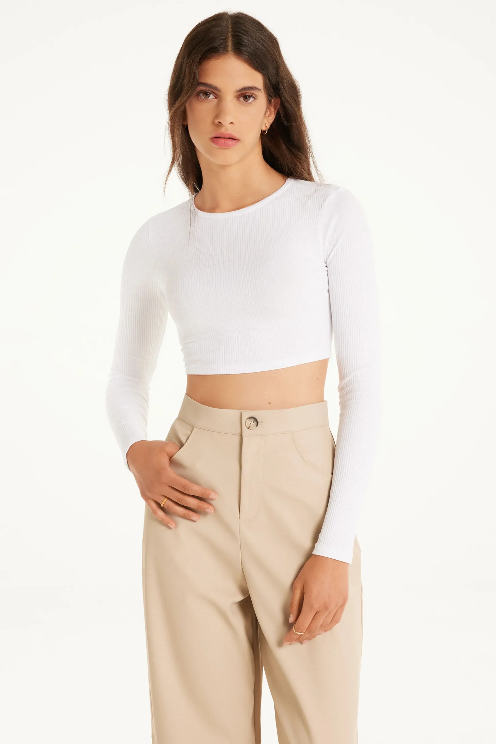 Ribbed Long-Sleeved Crew-Neck Crop Top - Long-Sleeved Tops - Women | Tezenis