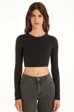 Ribbed Long-Sleeved Crew-Neck Crop Top - Long-Sleeved Tops - Women | Tezenis