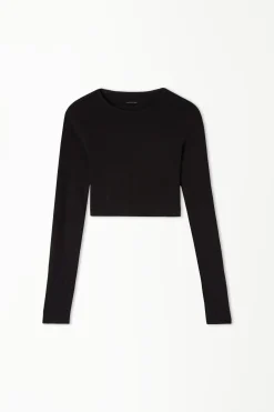Ribbed Long-Sleeved Crew-Neck Crop Top - Long-Sleeved Tops - Women | Tezenis