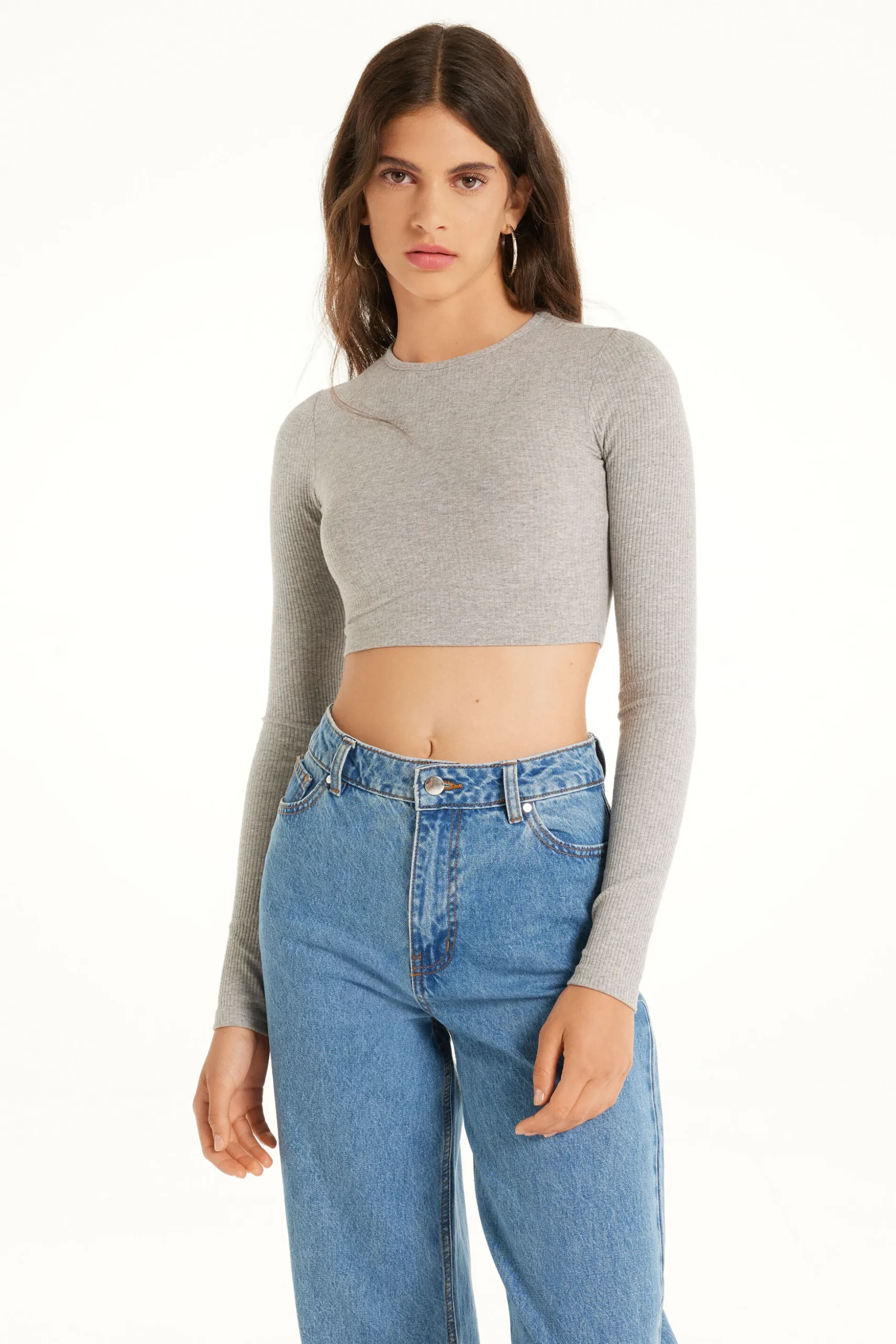 Ribbed Long-Sleeved Crew-Neck Crop Top - Long-Sleeved Tops - Women | Tezenis