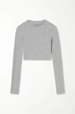 Ribbed Long-Sleeved Crew-Neck Crop Top - Long-Sleeved Tops - Women | Tezenis