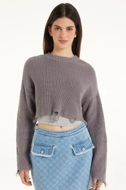 Ribbed Long-Sleeved Ripped Crop Top - Long-Sleeved Tops - Women | Tezenis