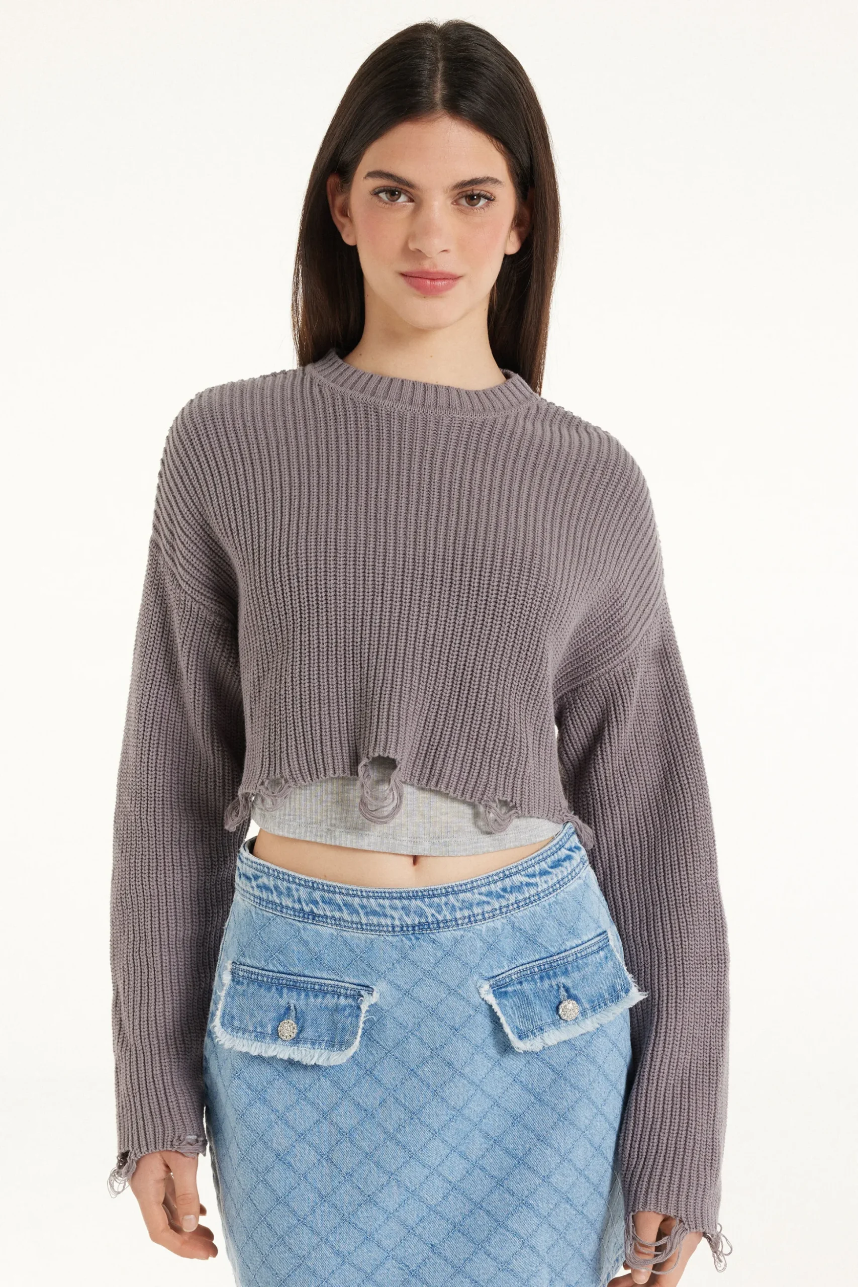 Ribbed Long-Sleeved Ripped Crop Top - Long-Sleeved Tops - Women | Tezenis