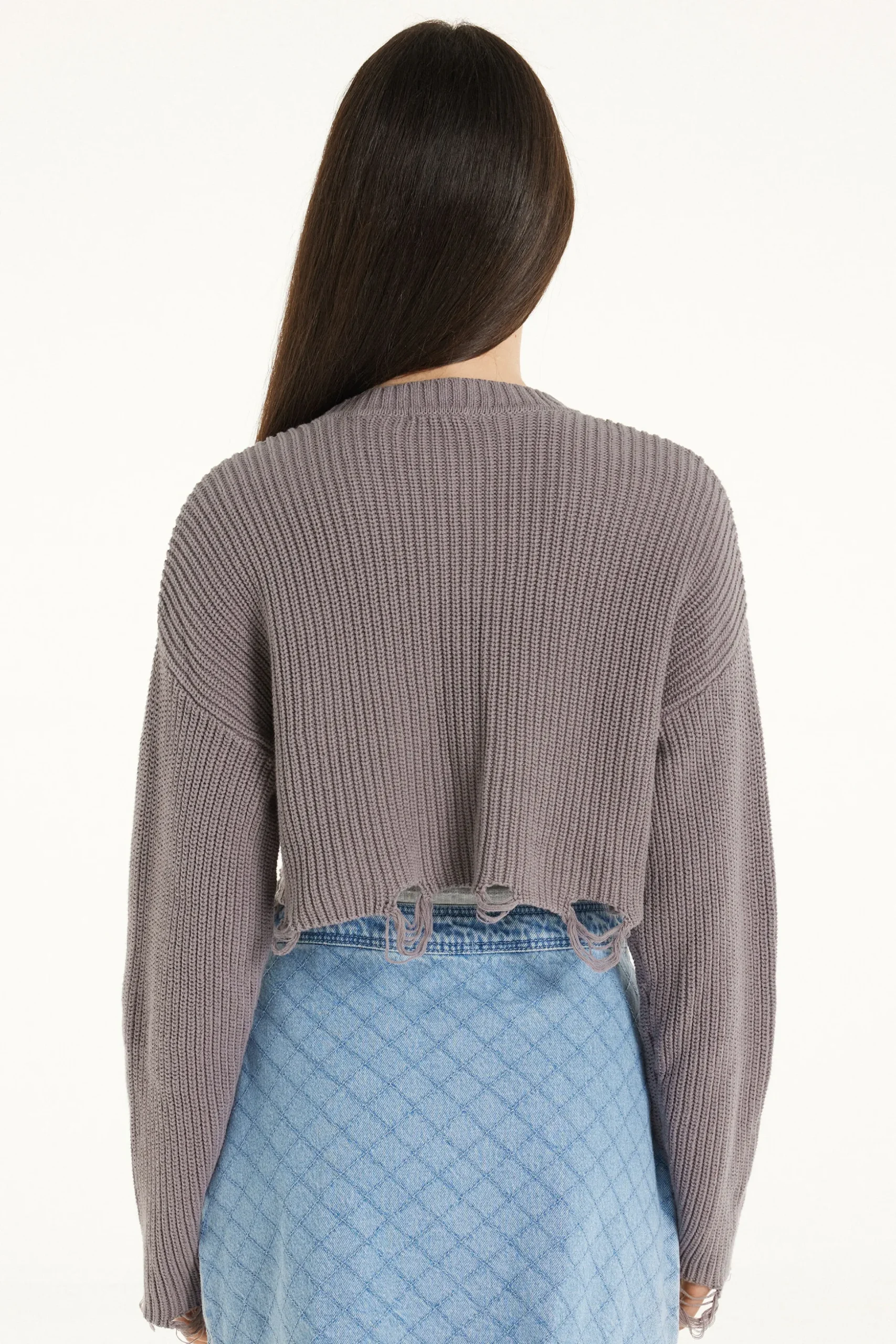 Ribbed Long-Sleeved Ripped Crop Top - Long-Sleeved Tops - Women | Tezenis