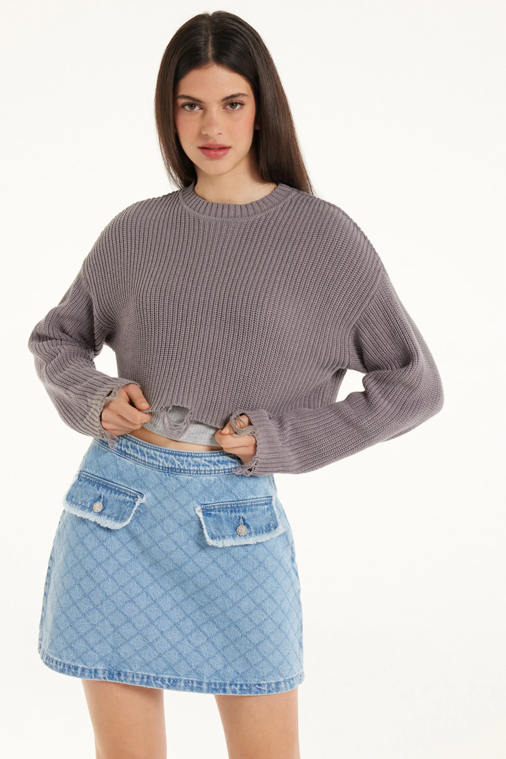 Ribbed Long-Sleeved Ripped Crop Top - Long-Sleeved Tops - Women | Tezenis