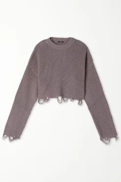 Ribbed Long-Sleeved Ripped Crop Top - Long-Sleeved Tops - Women | Tezenis