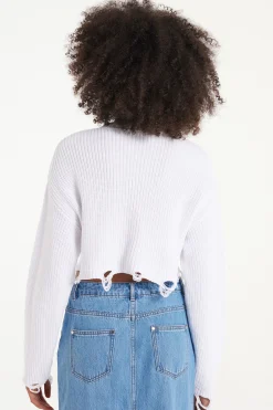 Ribbed Long-Sleeved Ripped Crop Top - Long-Sleeved Tops - Women | Tezenis