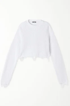 Ribbed Long-Sleeved Ripped Crop Top - Long-Sleeved Tops - Women | Tezenis