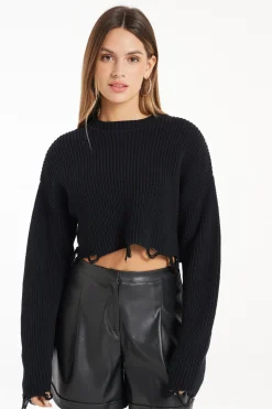 Ribbed Long-Sleeved Ripped Crop Top - Long-Sleeved Tops - Women | Tezenis