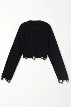Ribbed Long-Sleeved Ripped Crop Top - Long-Sleeved Tops - Women | Tezenis