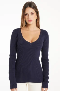 Ribbed Long-Sleeved V-Neck Top - Long-Sleeved Tops - Women | Tezenis
