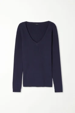 Ribbed Long-Sleeved V-Neck Top - Long-Sleeved Tops - Women | Tezenis