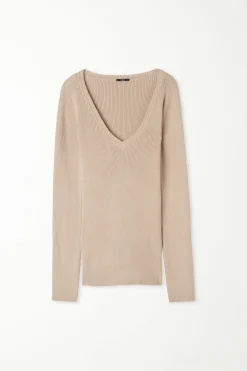 Ribbed Long-Sleeved V-Neck Top - Long-Sleeved Tops - Women | Tezenis