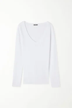 Ribbed Long-Sleeved V-Neck Top - Long-Sleeved Tops - Women | Tezenis