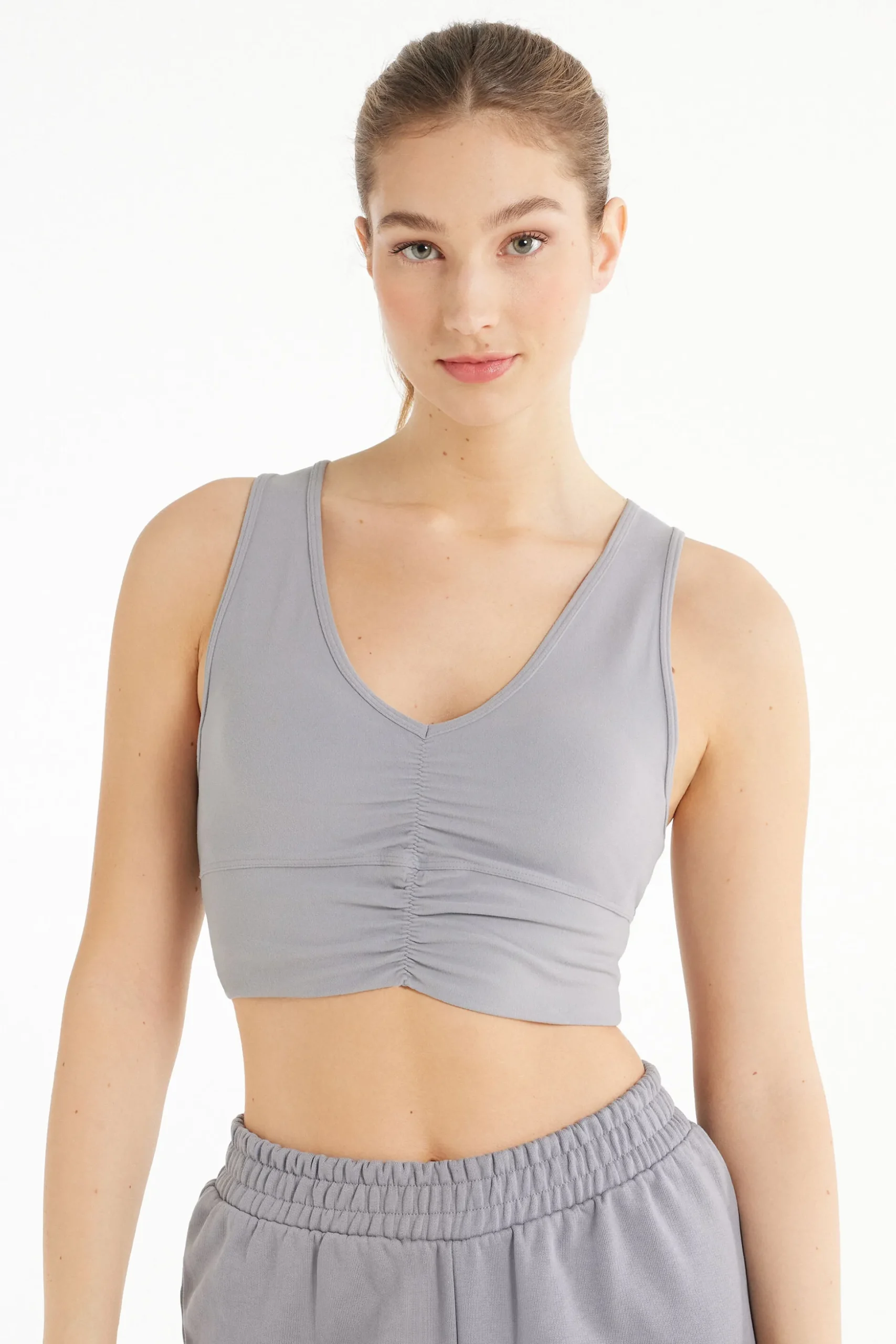 Ruched Soft Microfiber V-Neck Cropped Top - Tank Tops - Women | Tezenis
