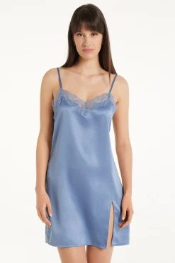 Satin And Lace Spaghetti Strap Slip With Slit - Slips - Women | Tezenis