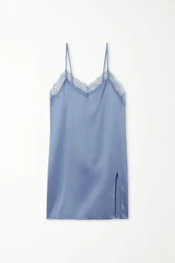 Satin And Lace Spaghetti Strap Slip With Slit - Slips - Women | Tezenis