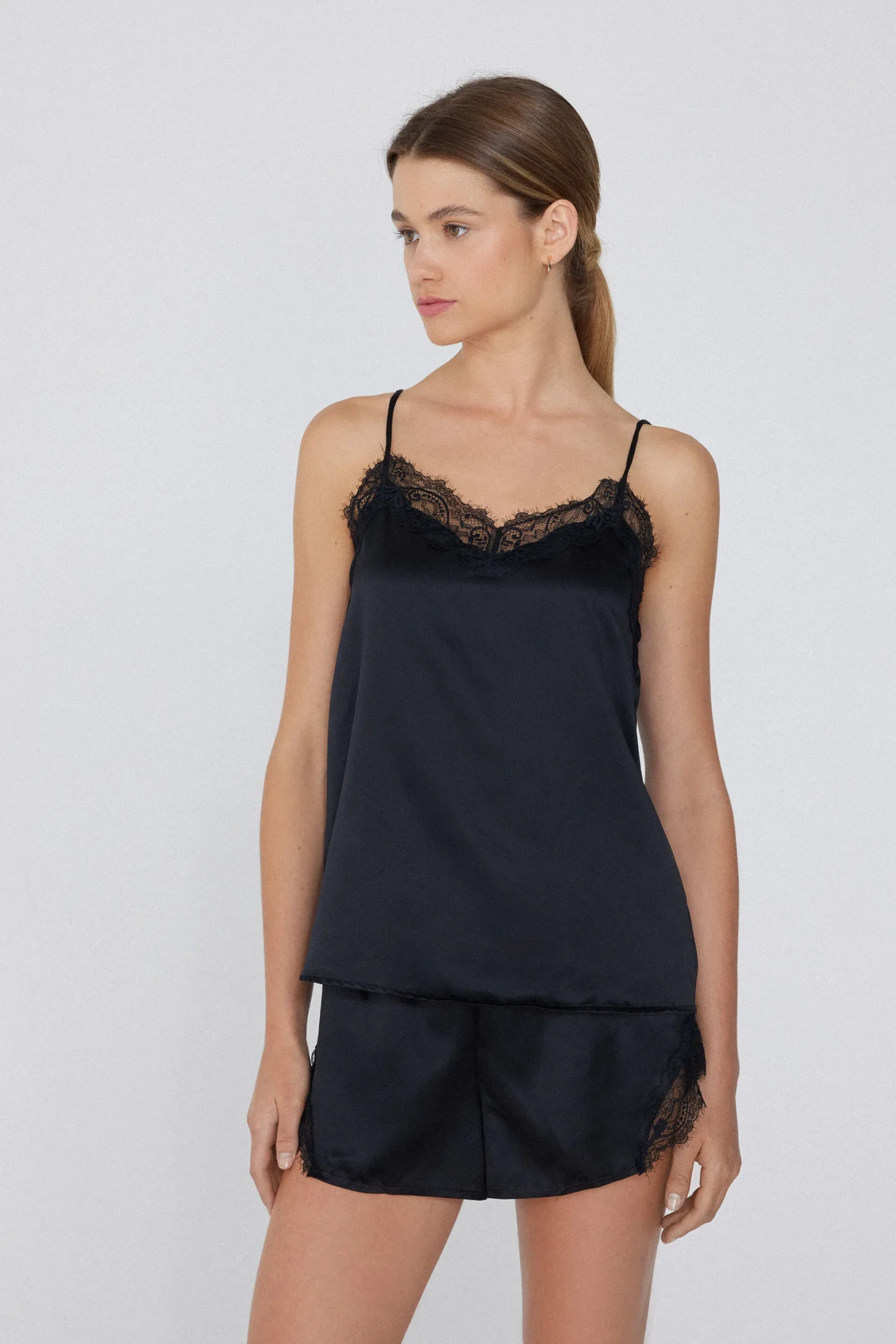 Satin And Lace Spaghetti Strap Tank Top - Pajama Sets - Women | Tezenis