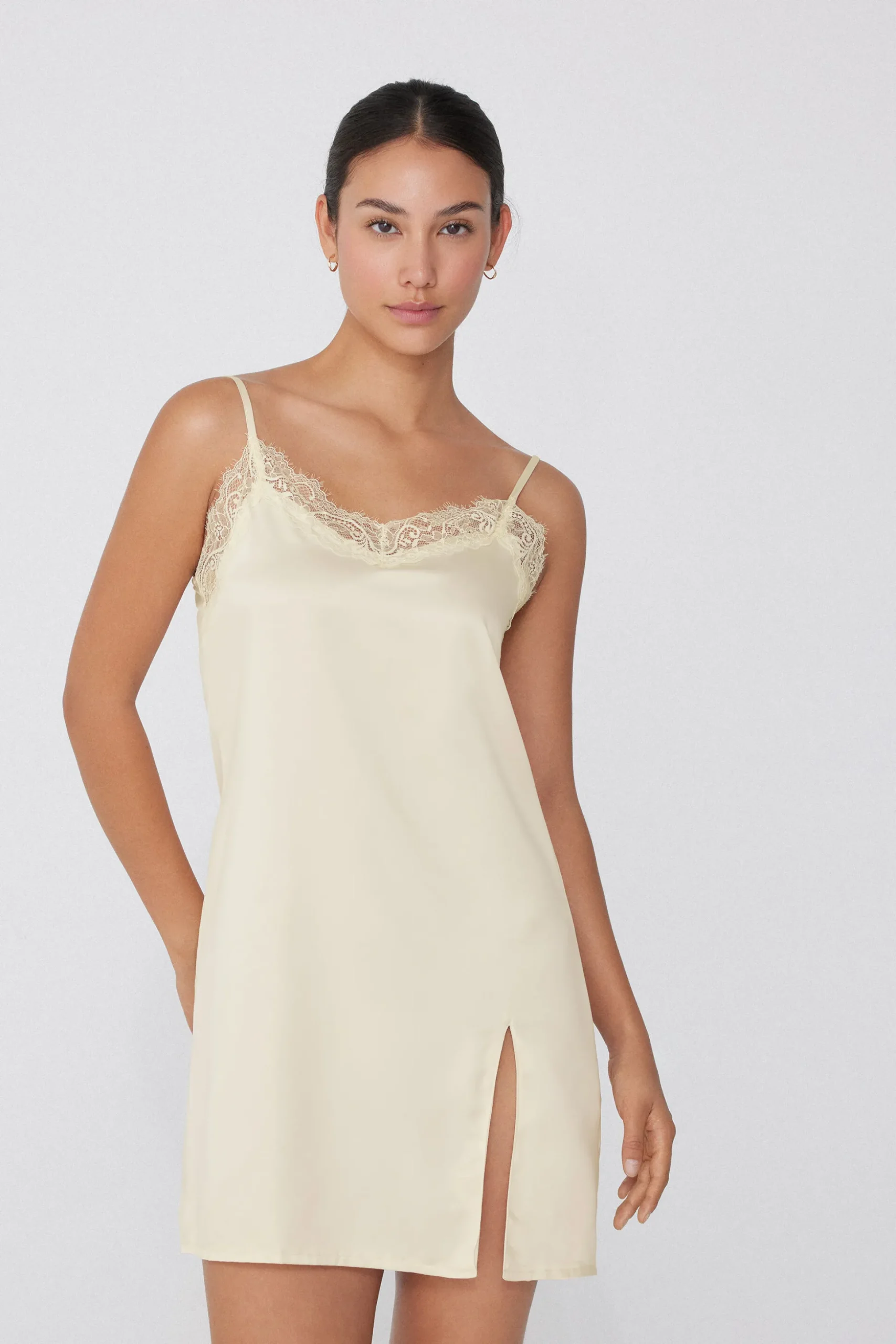Satin And Lace Spaghetti Strap Slip With Slit - Slips - Women | Tezenis