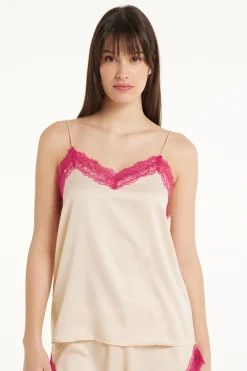 Satin And Lace Spaghetti Strap Tank Top - Pajama Sets - Women | Tezenis