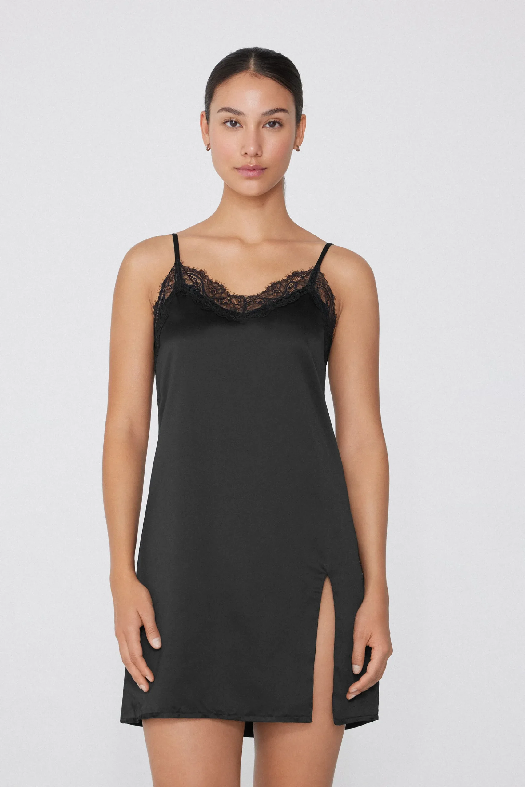 Satin And Lace Spaghetti Strap Slip With Slit - Slips - Women | Tezenis