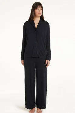Satin Trim Full Length Button Down Pajamas - Long Pajamas - Women | Tezenis