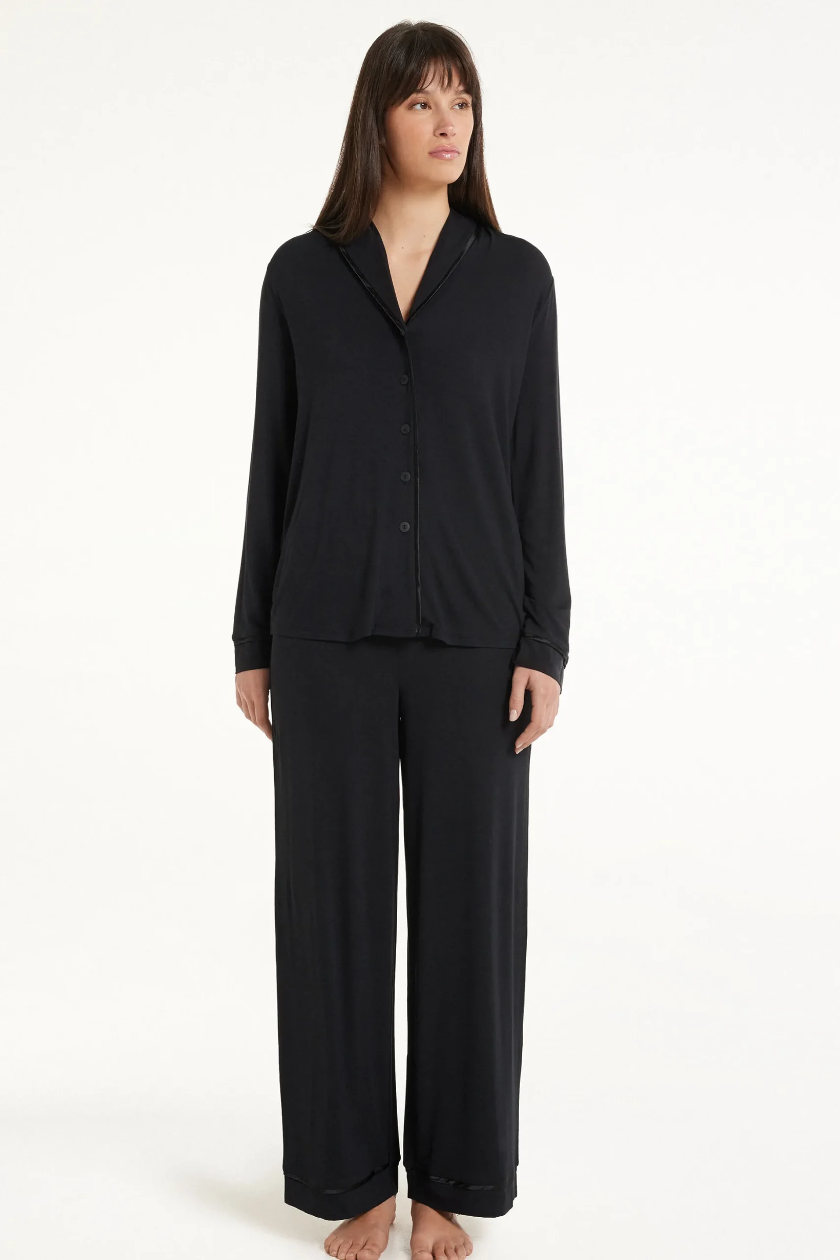 Satin Trim Full Length Button Down Pajamas - Long Pajamas - Women | Tezenis
