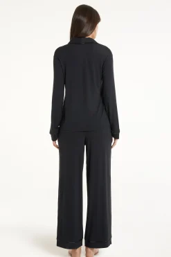 Satin Trim Full Length Button Down Pajamas - Long Pajamas - Women | Tezenis