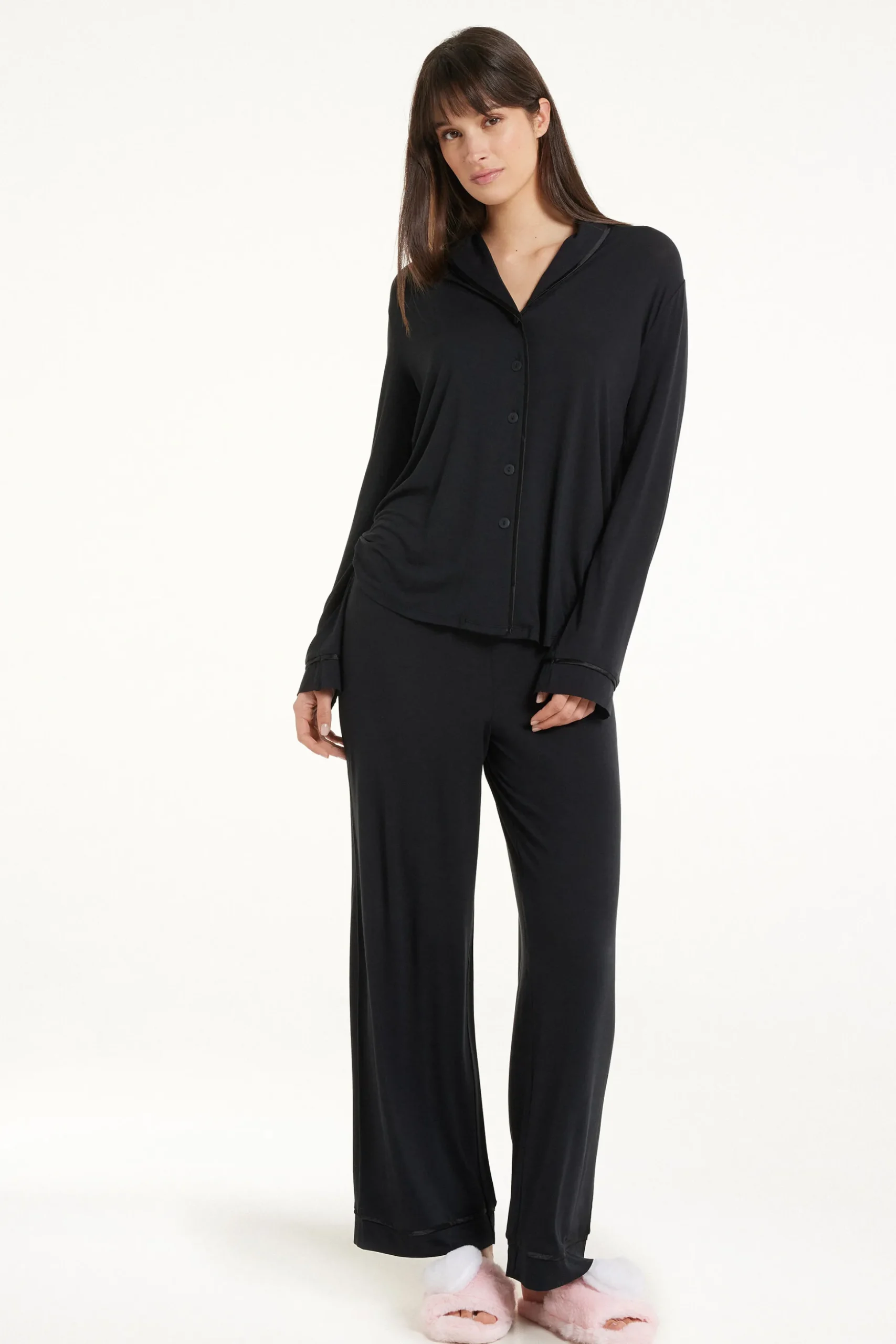 Satin Trim Full Length Button Down Pajamas - Long Pajamas - Women | Tezenis