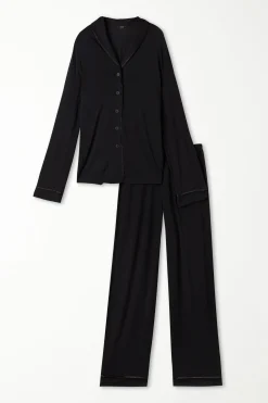 Satin Trim Full Length Button Down Pajamas - Long Pajamas - Women | Tezenis