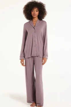 Satin Trim Full Length Button Down Pajamas - Long Pajamas - Women | Tezenis