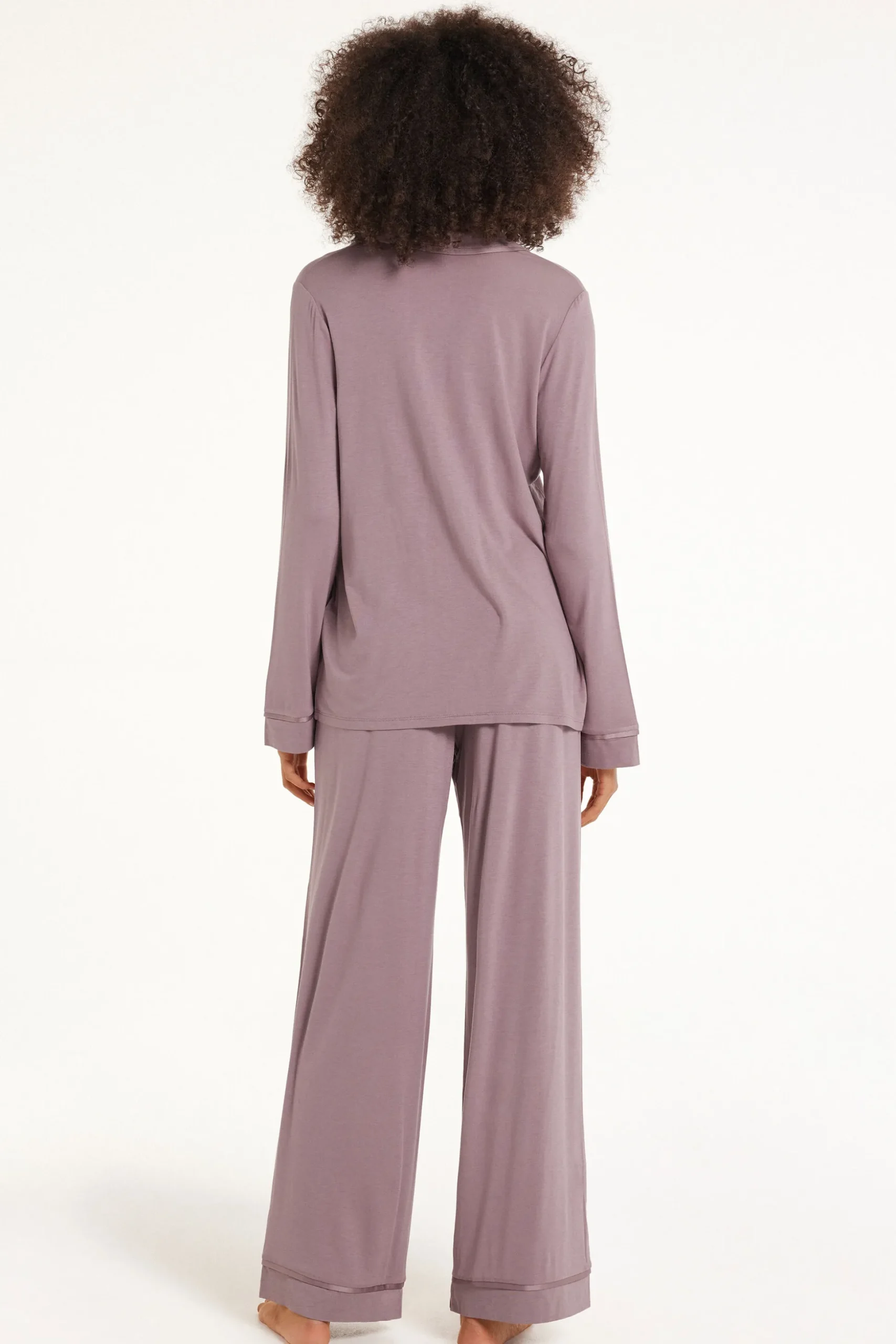 Satin Trim Full Length Button Down Pajamas - Long Pajamas - Women | Tezenis