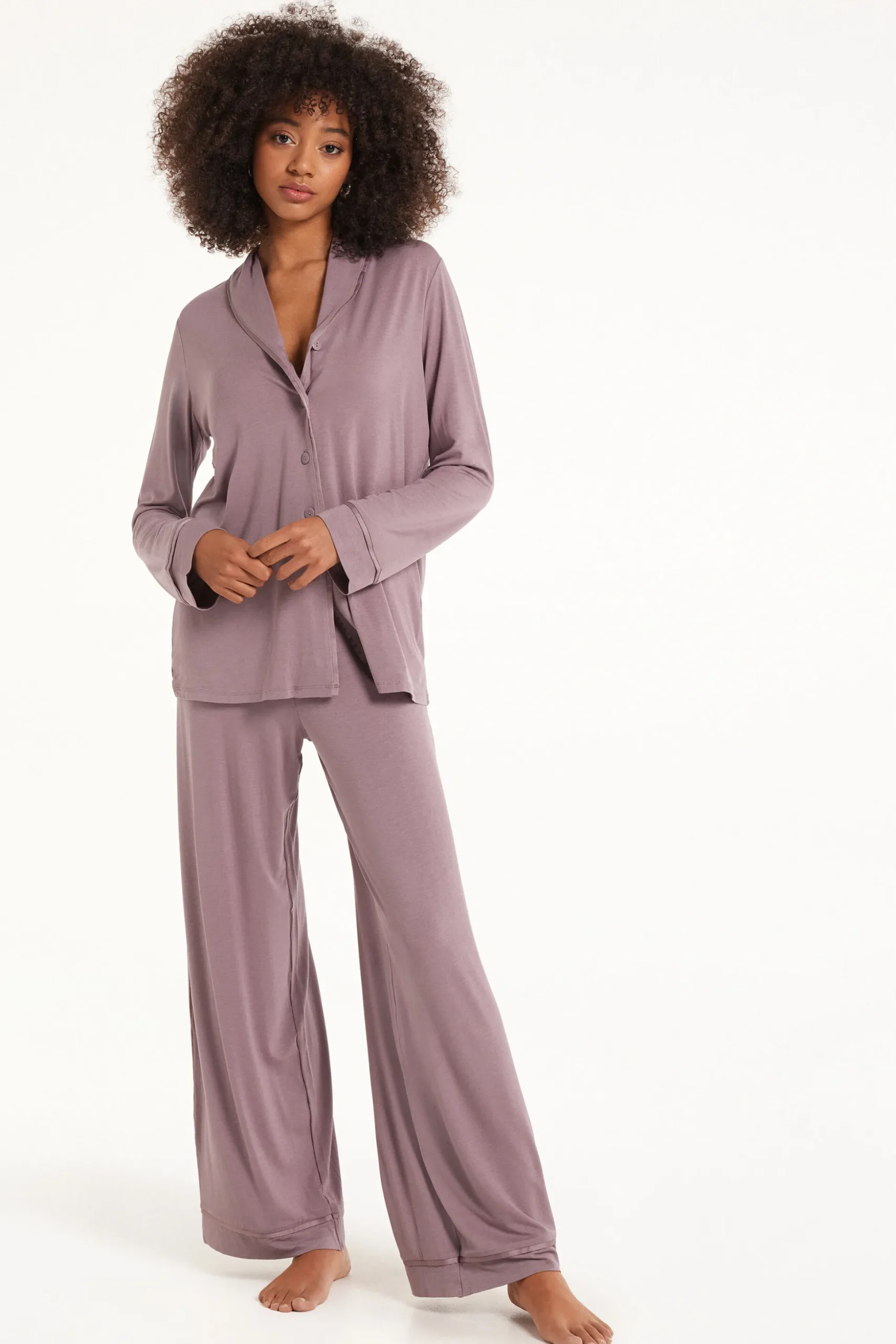 Satin Trim Full Length Button Down Pajamas - Long Pajamas - Women | Tezenis