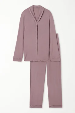 Satin Trim Full Length Button Down Pajamas - Long Pajamas - Women | Tezenis